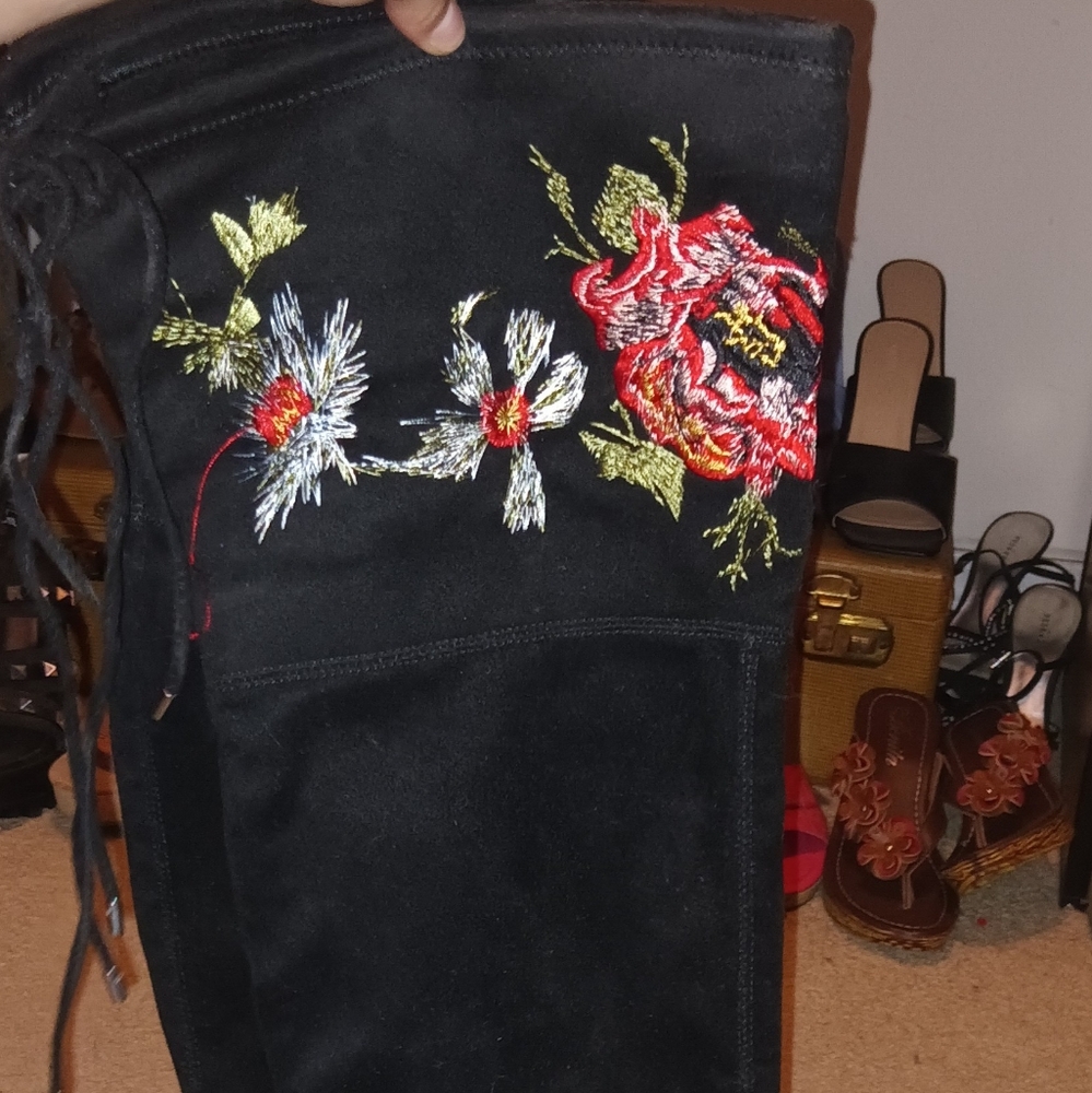 Black Embroidered Suede Boots